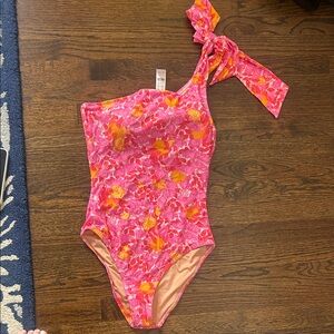J. Crew Pink and Yellow Floral One-Shoulder One-Piece Swimsuit